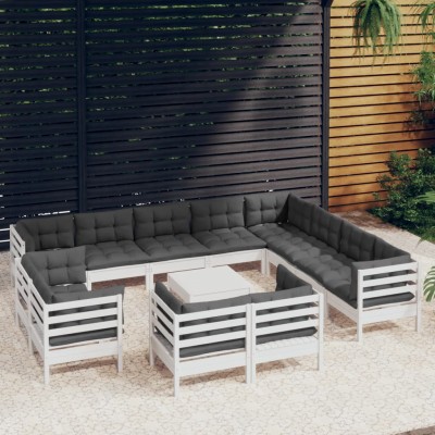 Muebles de jardín 13 pzas y cojines blanco madera maciza pino