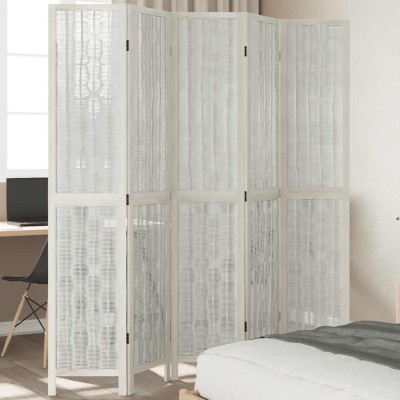 Biombo separador de 5 paneles madera maciza Paulownia blanco