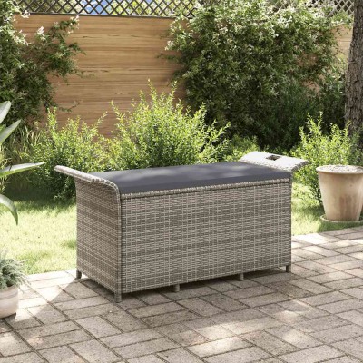 Banco de jardín con cojín ratán sintético gris 116x46x57 cm