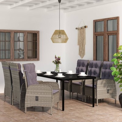 Juego de comedor de jardín 7 piezas con cojines gris y negro