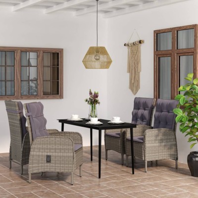 Juego de comedor para jardín 5 piezas con cojines gris y negro