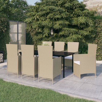 Juego de comedor de jardín 9 piezas con cojines beige