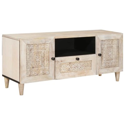 Gabinete de TV Blanco 105 x 33 x 46 cm madera maciza de mango