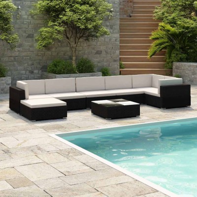 Set muebles de jardín 8 piezas y cojines ratán sintético negro