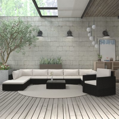 Set muebles de jardín 11 pzas y cojines ratán sintético negro